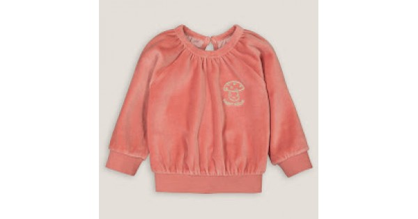 roze sweater met ronde hals in fluweel, geborduurd paddenstoelmotief maat 2 jaar - 86 cm